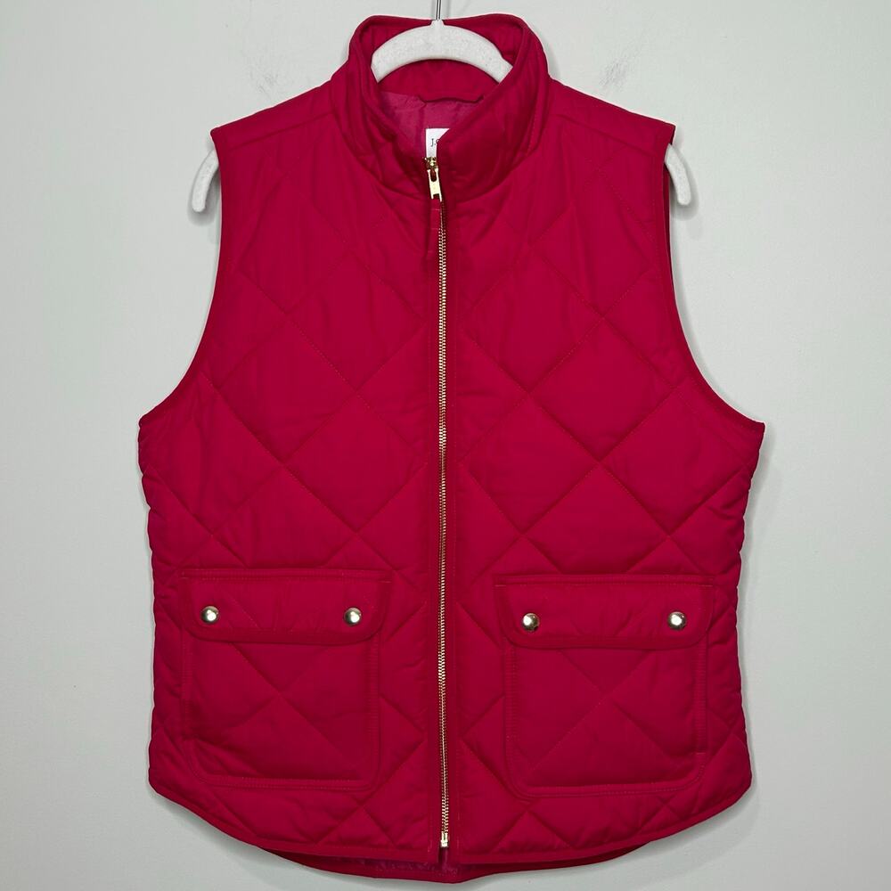 J. Crew Quilted Pink Vest Size M Zipper Close Front Snap Pockets Preppy